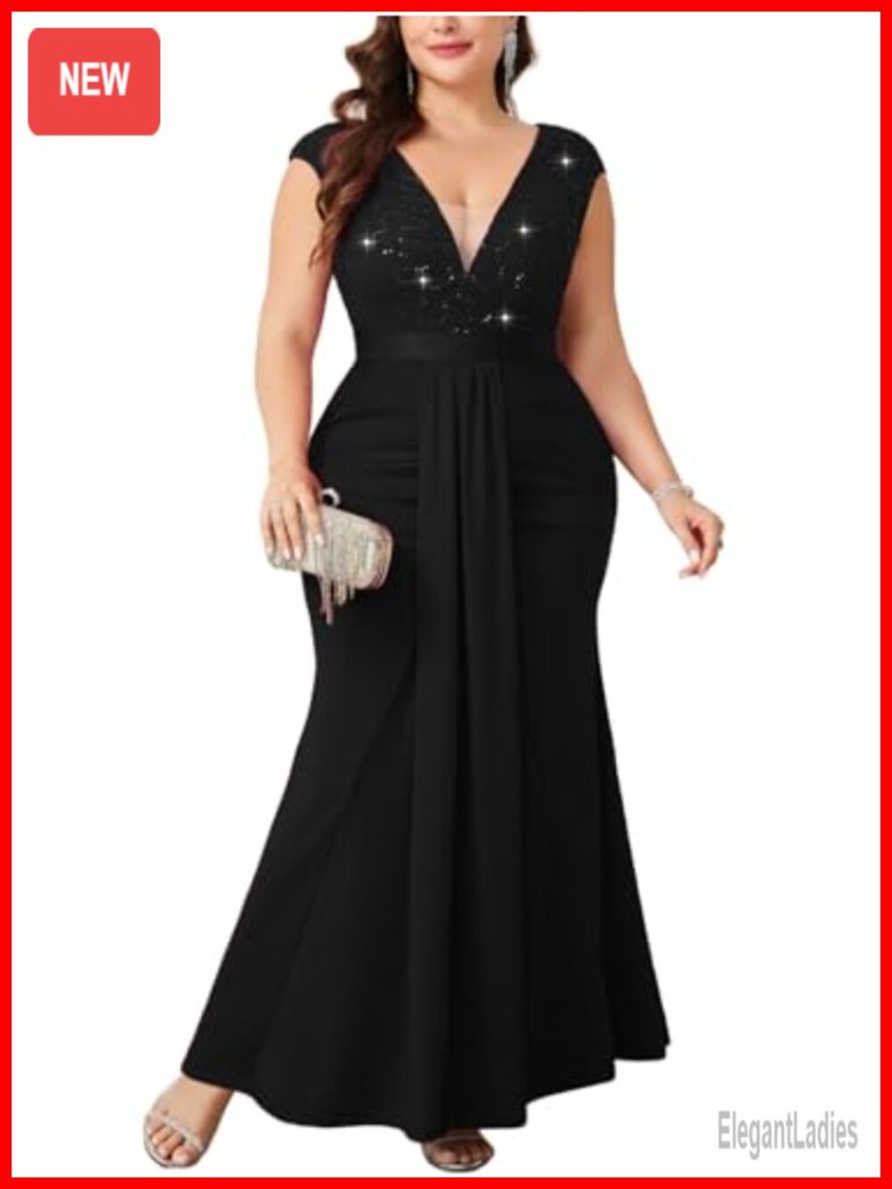 Plus Size Sequin Lace V Neck Mermaid Maxi Formal Evening Gown